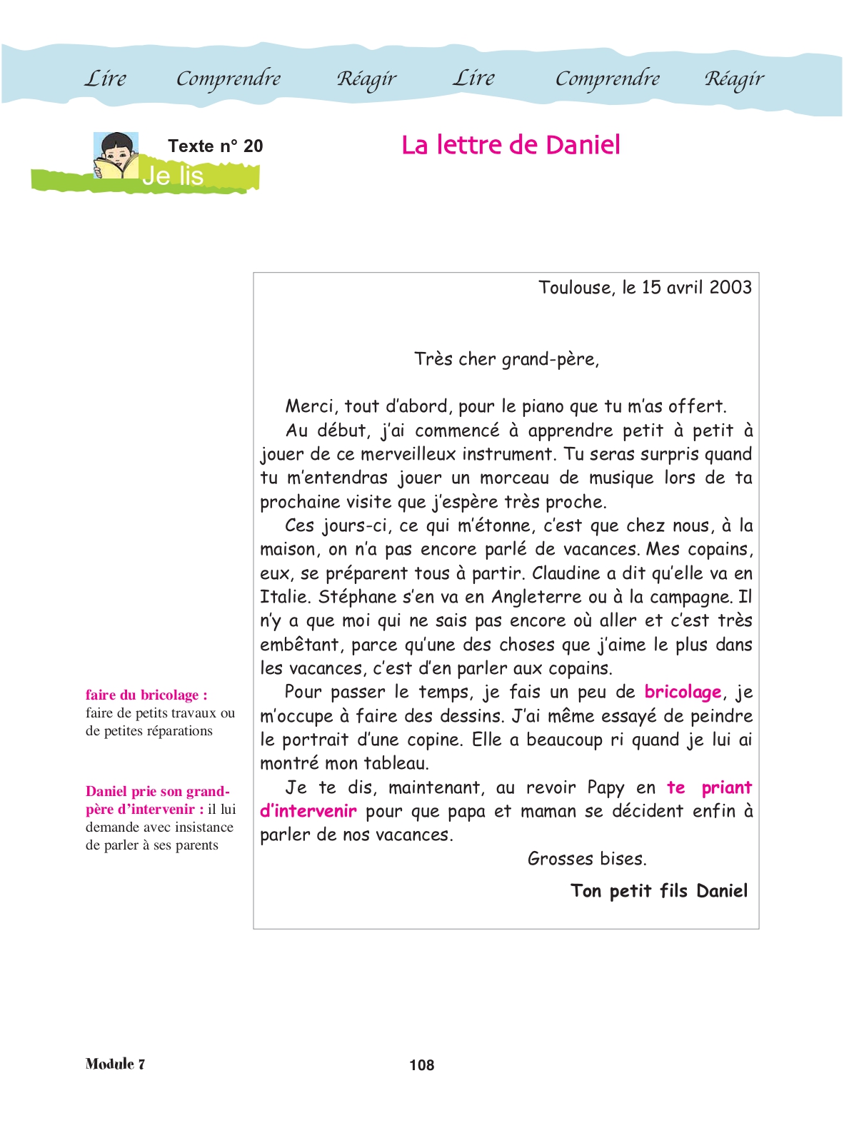 Manuel de français, page 108 : texte « La lettre de Daniel », une lettre écrite par un garçon à son grand-père